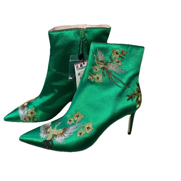 Zara Satin Green Floral Bird Heel Pointed Toe Ankle Boots - Size 9/40 - Picture 1 of 8